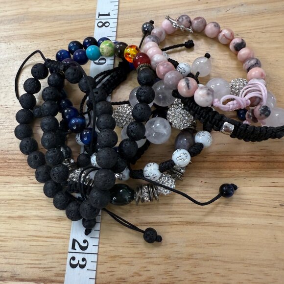 Stack Set Of 7 Beaded Adjustable Bracelets With Lava Rock Gemstone & Crystal Bea - Picture 7 of 8